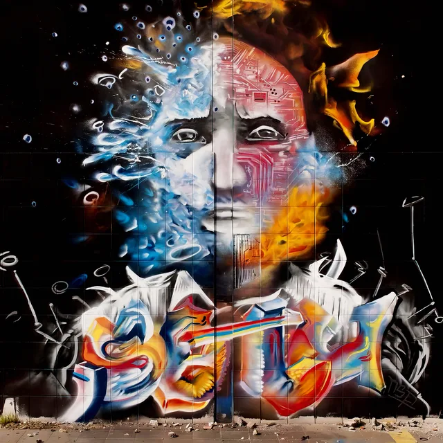 Een gezicht verdeeld tussen blauw water en oranje vuur, boven kleurrijke graffitiletters.
