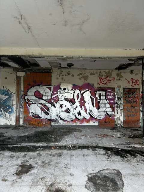 Zilveren SOLU-letters met het schedeldop-personage op een verweerde muur van baksteen en beton.