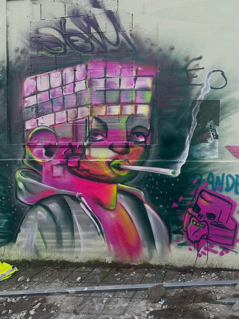 Een roze en turquoise personage met een televisieraster als hoofd.